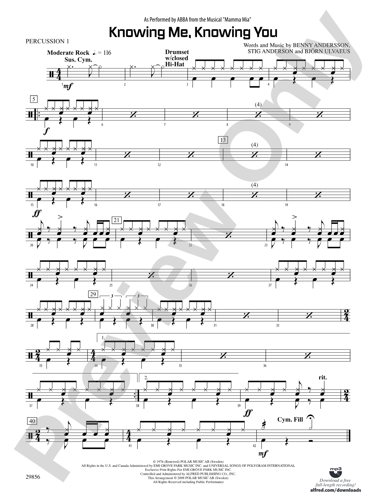 Knowing Me, Knowing You (As performed by ABBA from the musical Mamma Mia): 1st Percussion