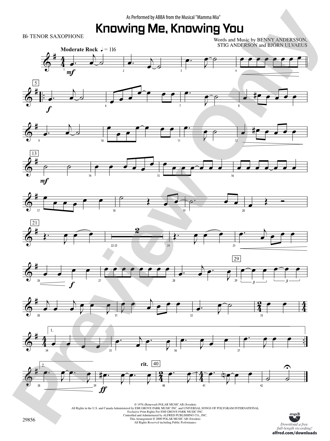 Knowing Me, Knowing You (As performed by ABBA from the musical Mamma Mia): B-flat Tenor Saxophone