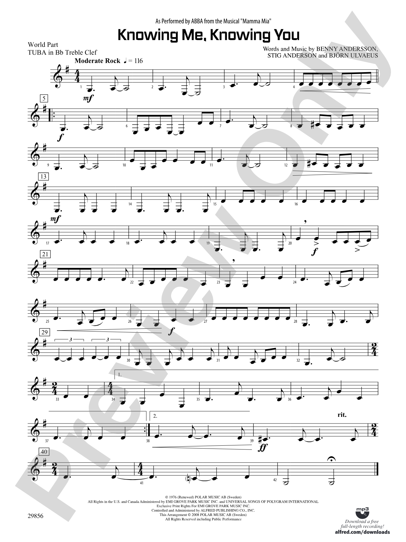 Knowing Me, Knowing You (As performed by ABBA from the musical Mamma Mia): (wp) B-flat Tuba T.C.
