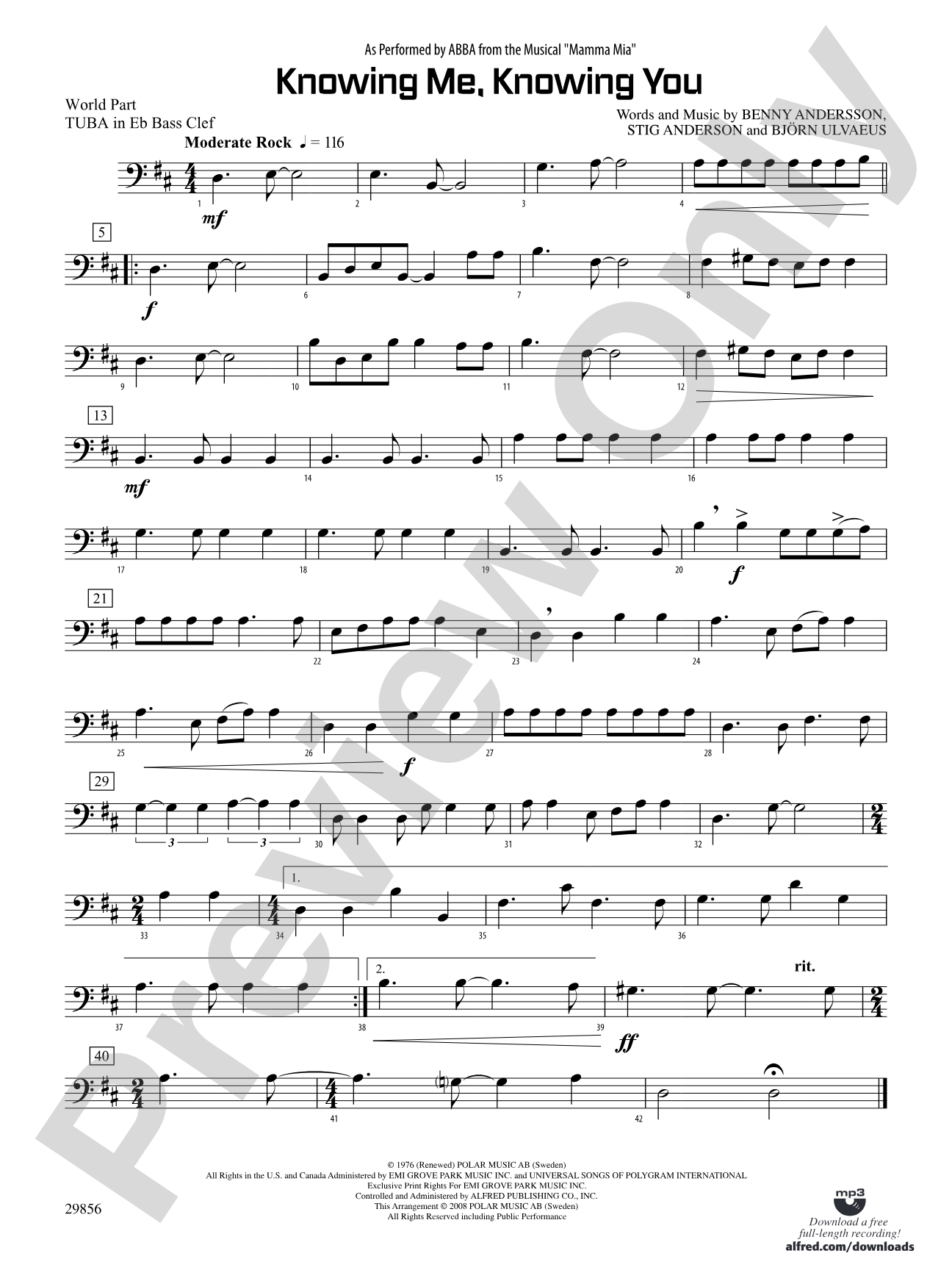 Knowing Me, Knowing You (As performed by ABBA from the musical Mamma Mia): (wp) E-flat Tuba B.C.