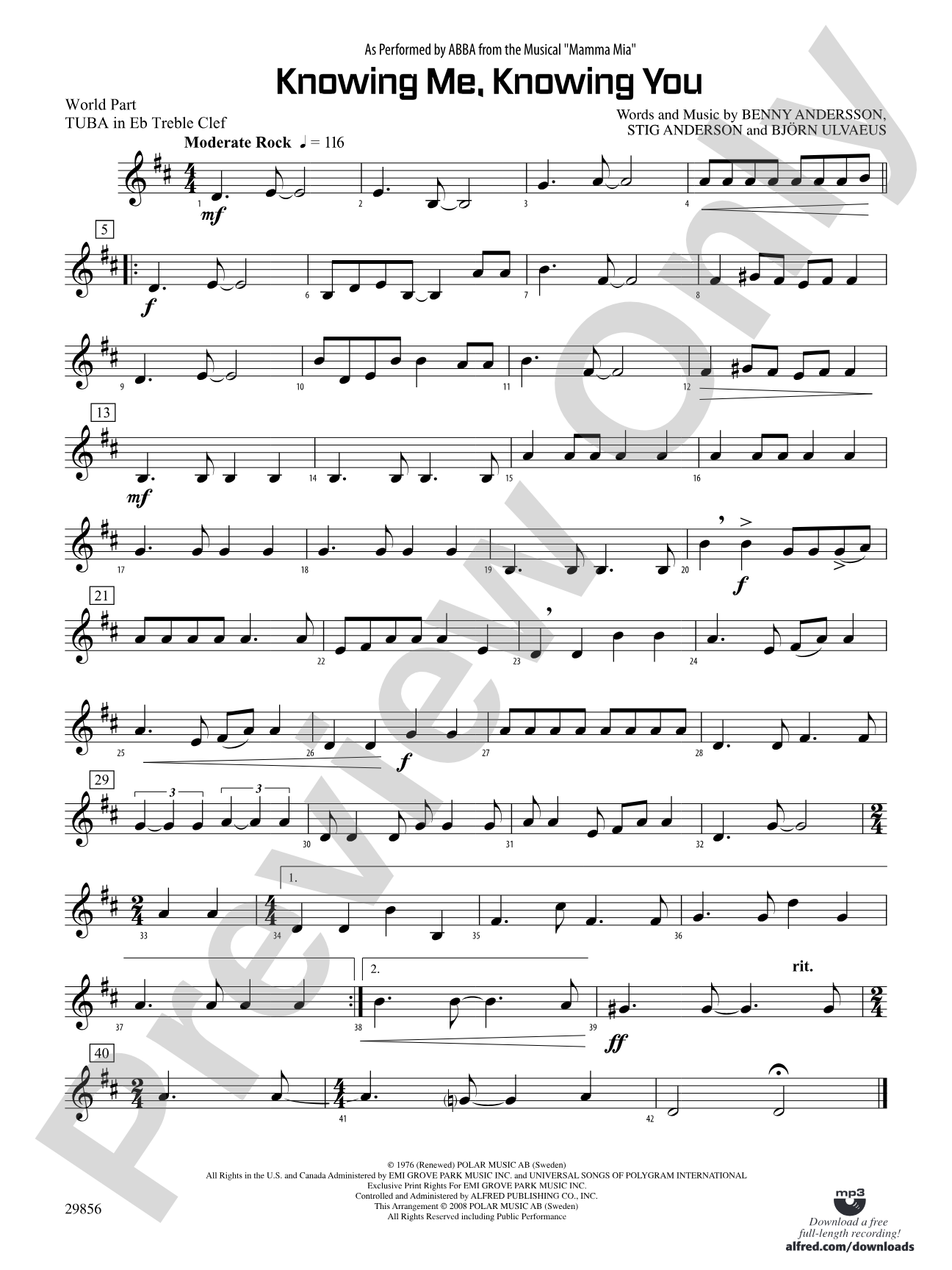 Knowing Me, Knowing You (As performed by ABBA from the musical Mamma Mia): (wp) E-flat Tuba T.C.
