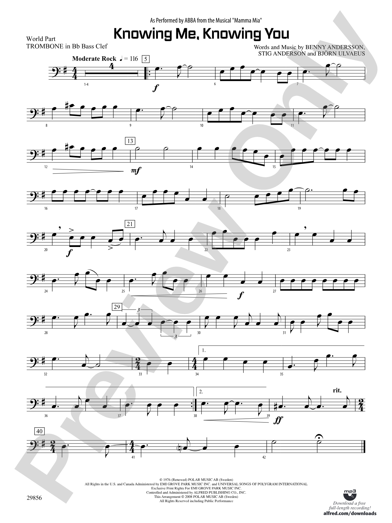 Knowing Me, Knowing You (As performed by ABBA from the musical Mamma Mia): (wp) 1st B-flat Trombone B.C.