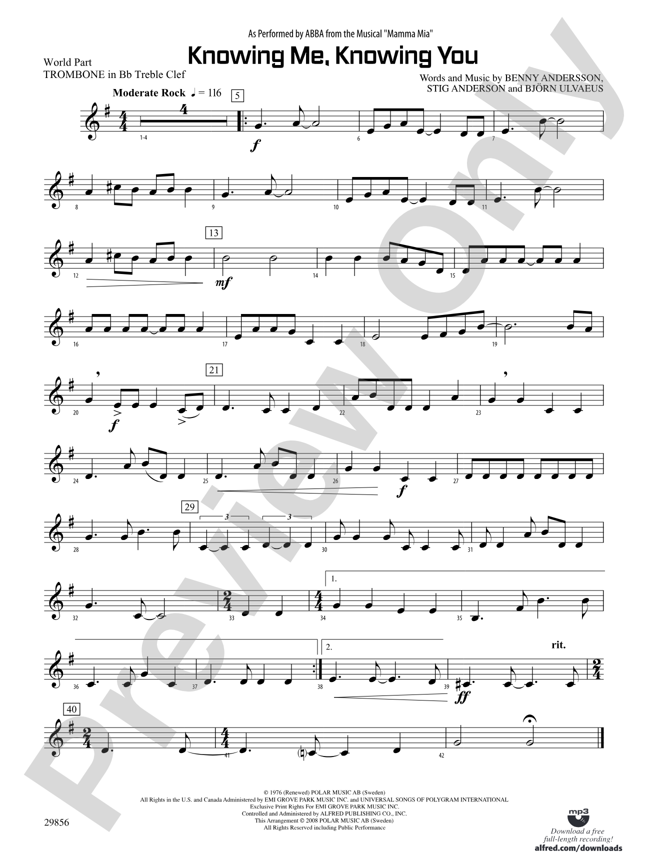 Knowing Me, Knowing You (As performed by ABBA from the musical Mamma Mia): (wp) 1st B-flat Trombone T.C.