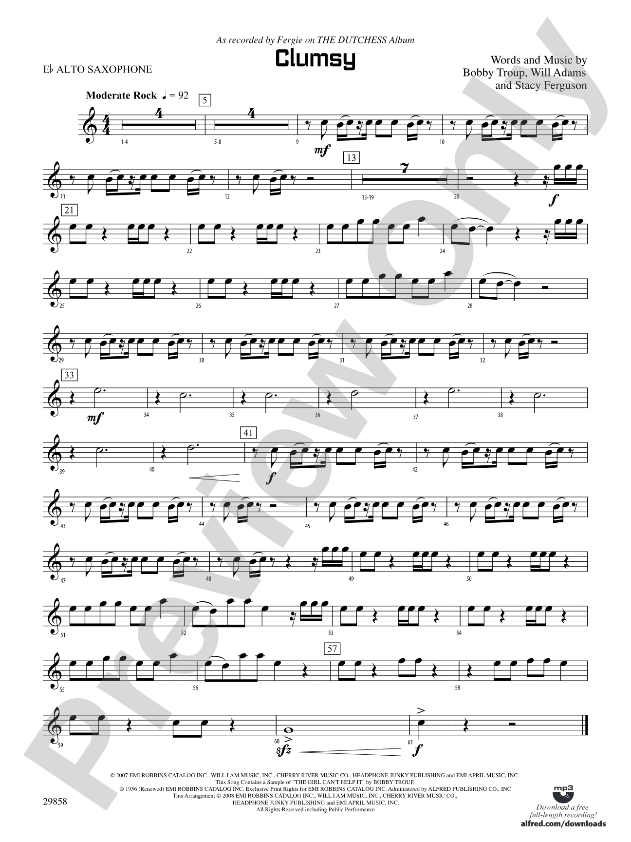 Clumsy (as recorded by Fergie on the album The Dutchess): E-flat Alto Saxophone