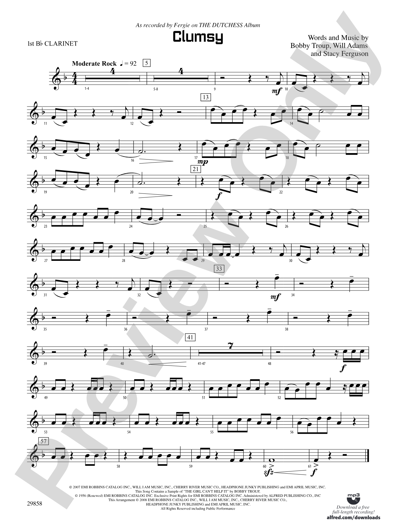 Clumsy (as recorded by Fergie on the album The Dutchess): 1st B-flat Clarinet