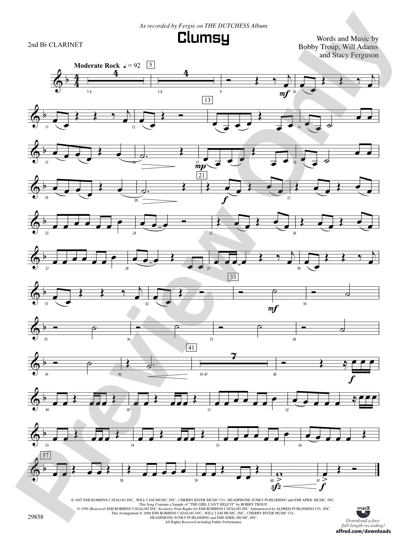 Clumsy (as recorded by Fergie on the album The Dutchess): 2nd B-flat Clarinet