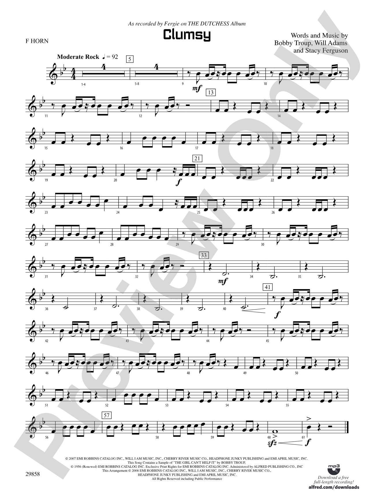 Clumsy (as recorded by Fergie on the album The Dutchess): 1st F Horn