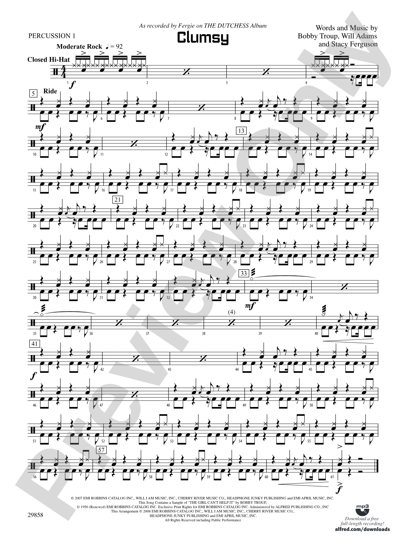 Clumsy (as recorded by Fergie on the album The Dutchess): 1st Percussion