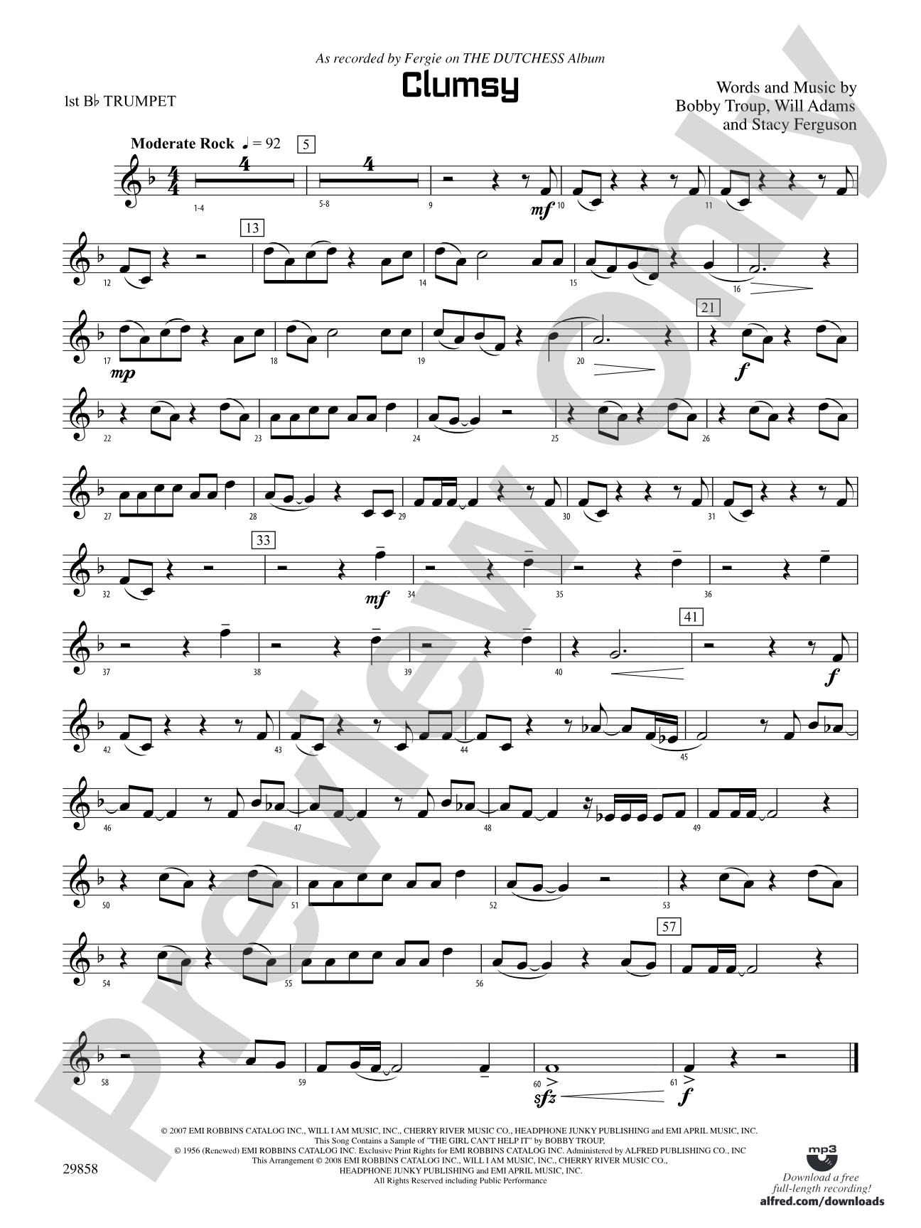 Clumsy (as recorded by Fergie on the album The Dutchess): 1st B-flat Trumpet