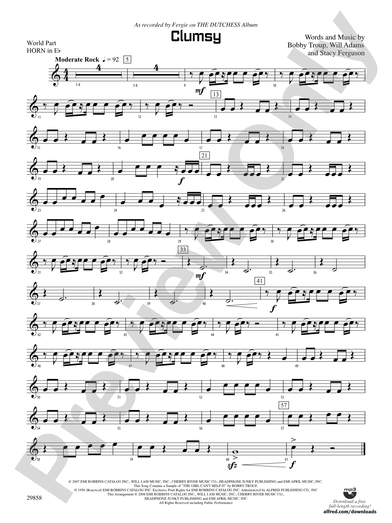 Clumsy (as recorded by Fergie on the album The Dutchess): (wp) 1st Horn in E-flat