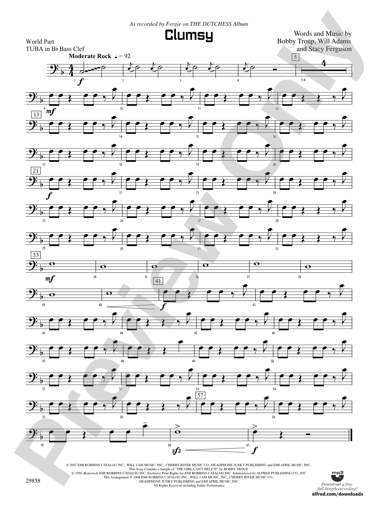 Clumsy (as recorded by Fergie on the album The Dutchess): (wp) B-flat Tuba B.C.