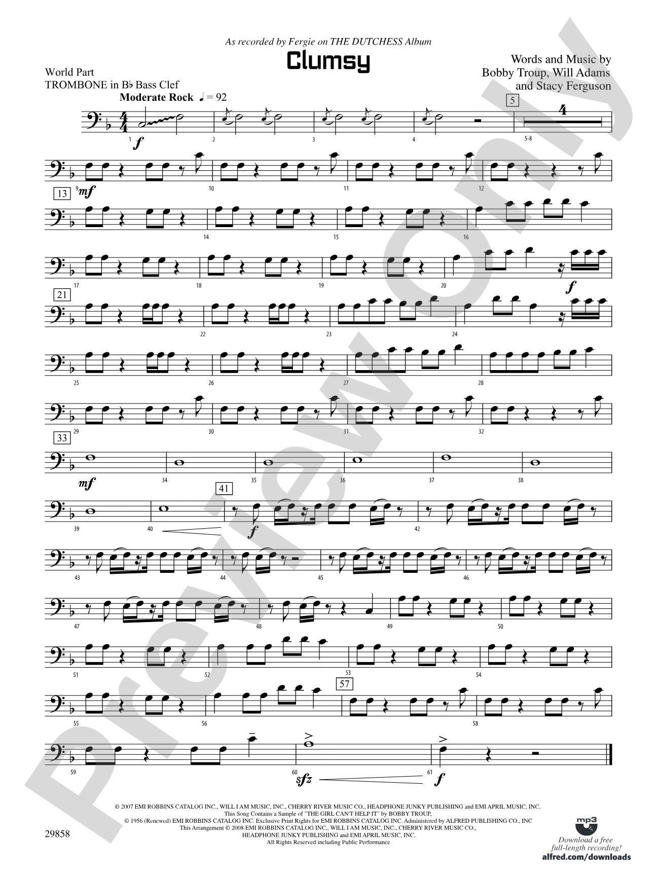 Clumsy (as recorded by Fergie on the album The Dutchess): (wp) 1st B-flat Trombone B.C.