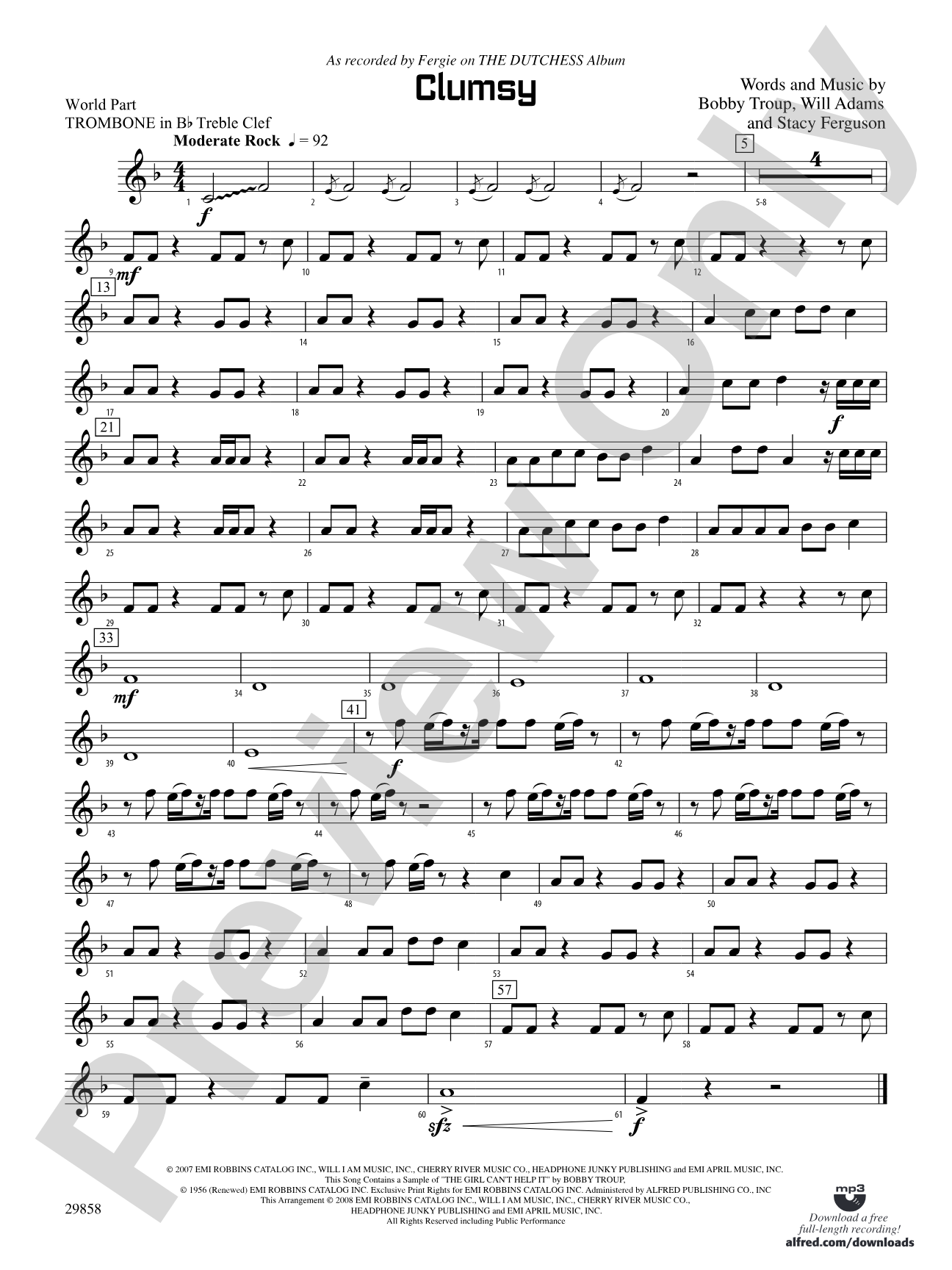 Clumsy (as recorded by Fergie on the album The Dutchess): (wp) 1st B-flat Trombone T.C.