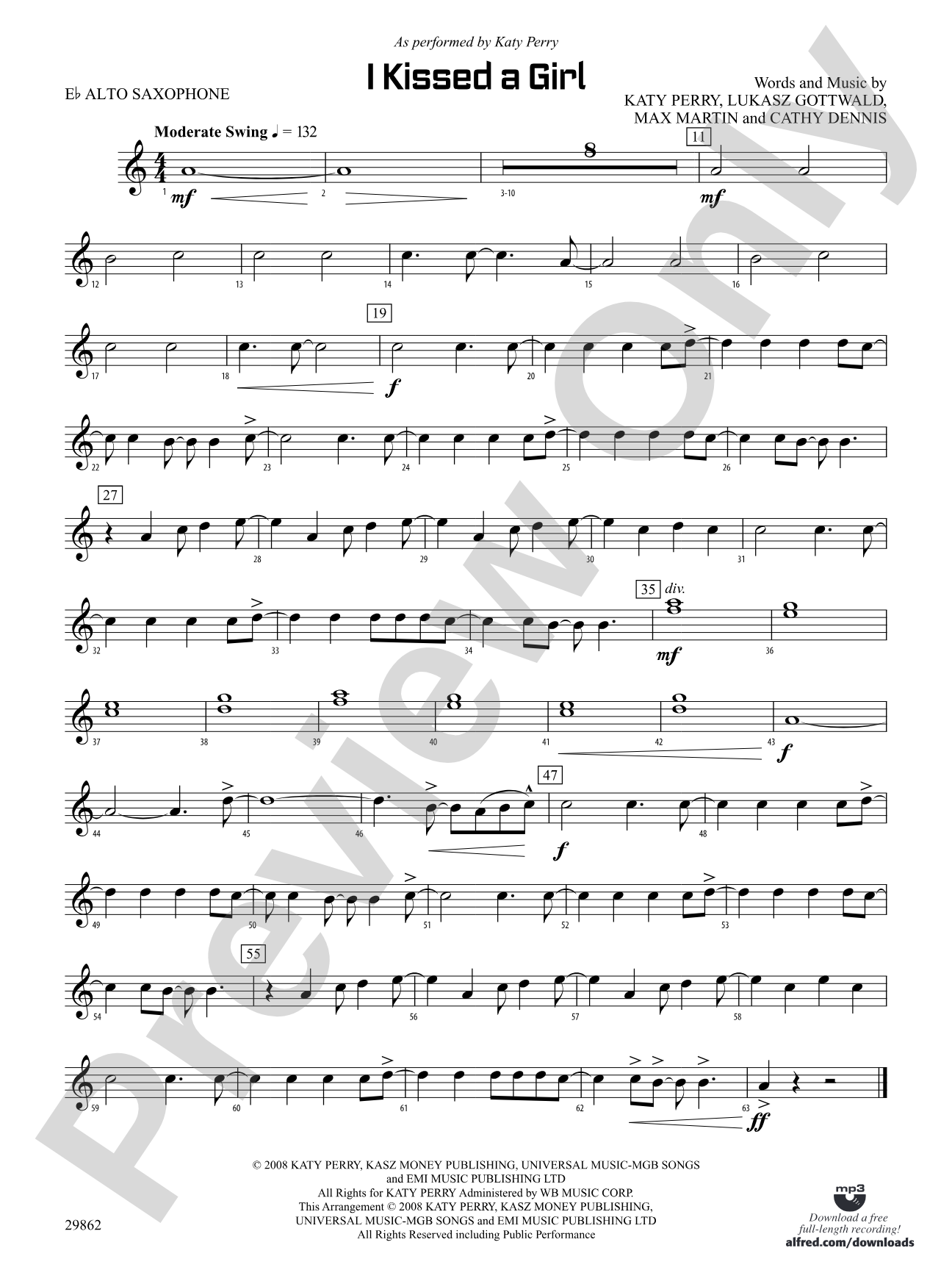 I Kissed a Girl: E-flat Alto Saxophone