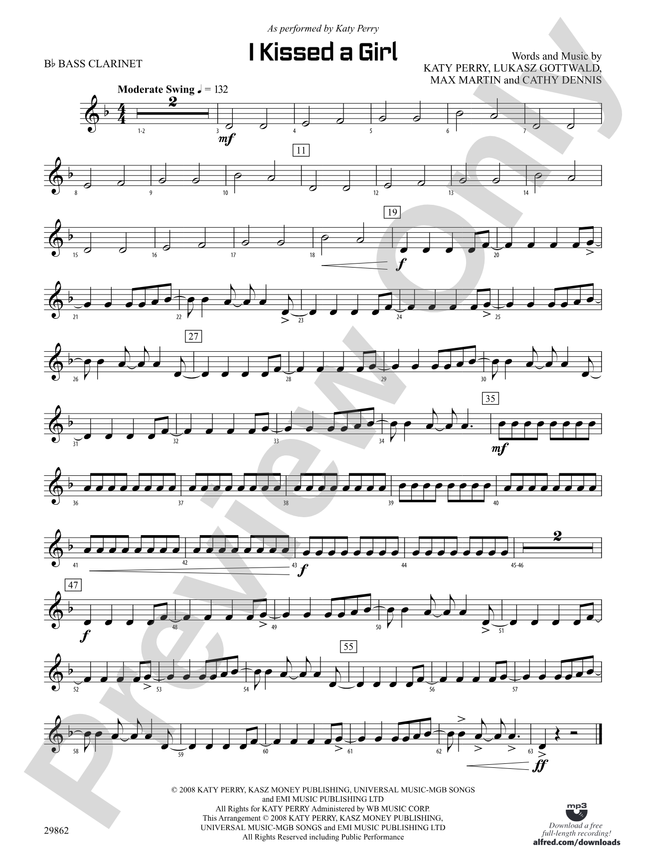 I Kissed a Girl: B-flat Bass Clarinet