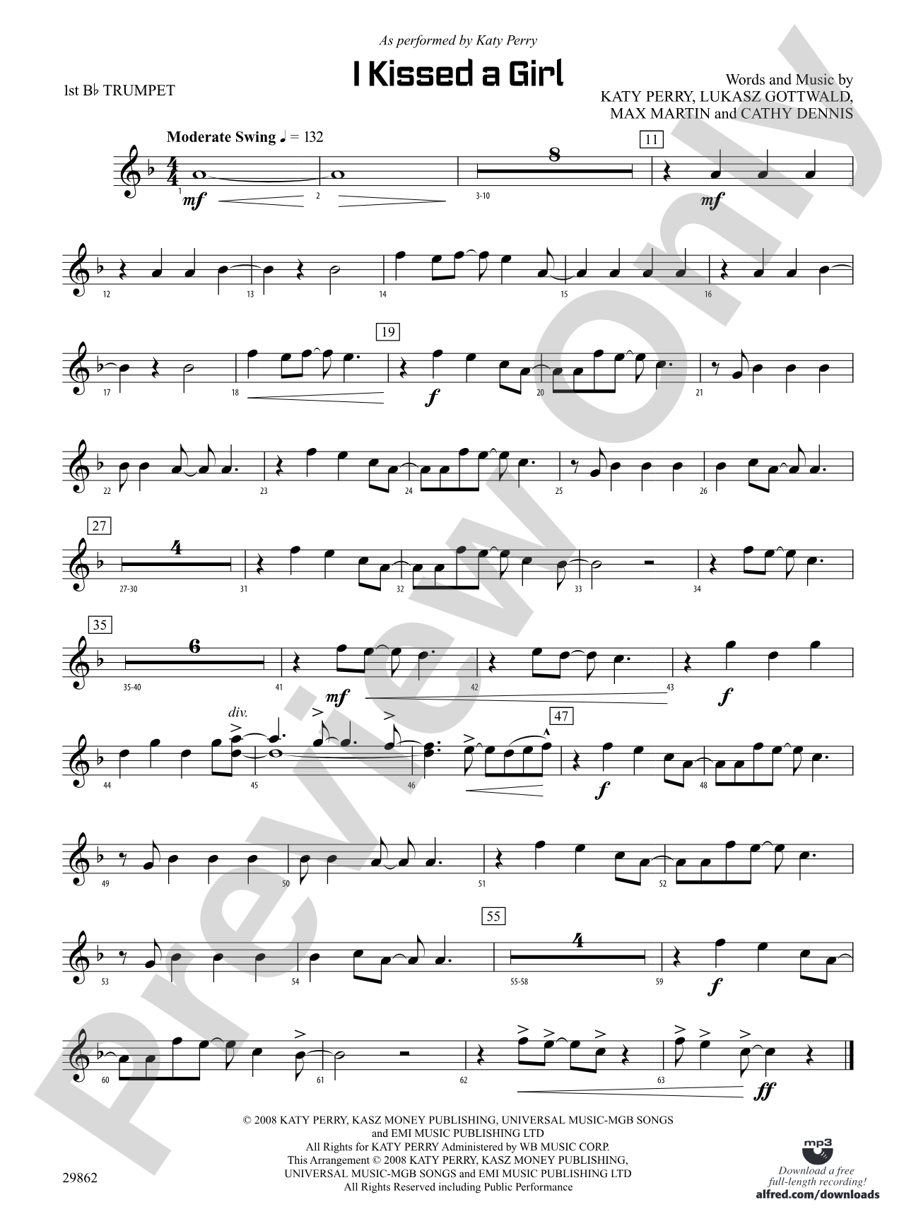 I Kissed a Girl: 1st B-flat Trumpet