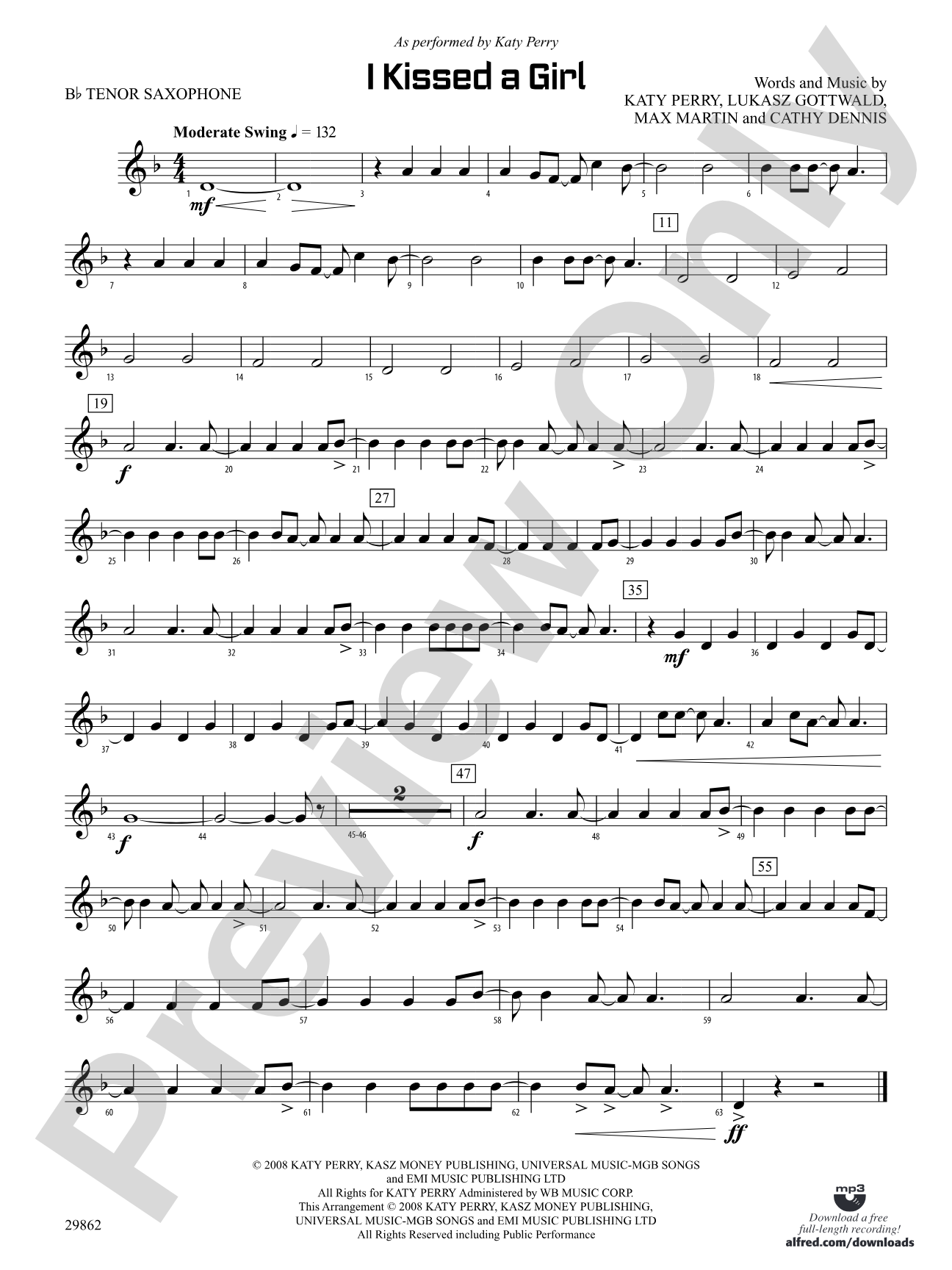 I Kissed a Girl: B-flat Tenor Saxophone