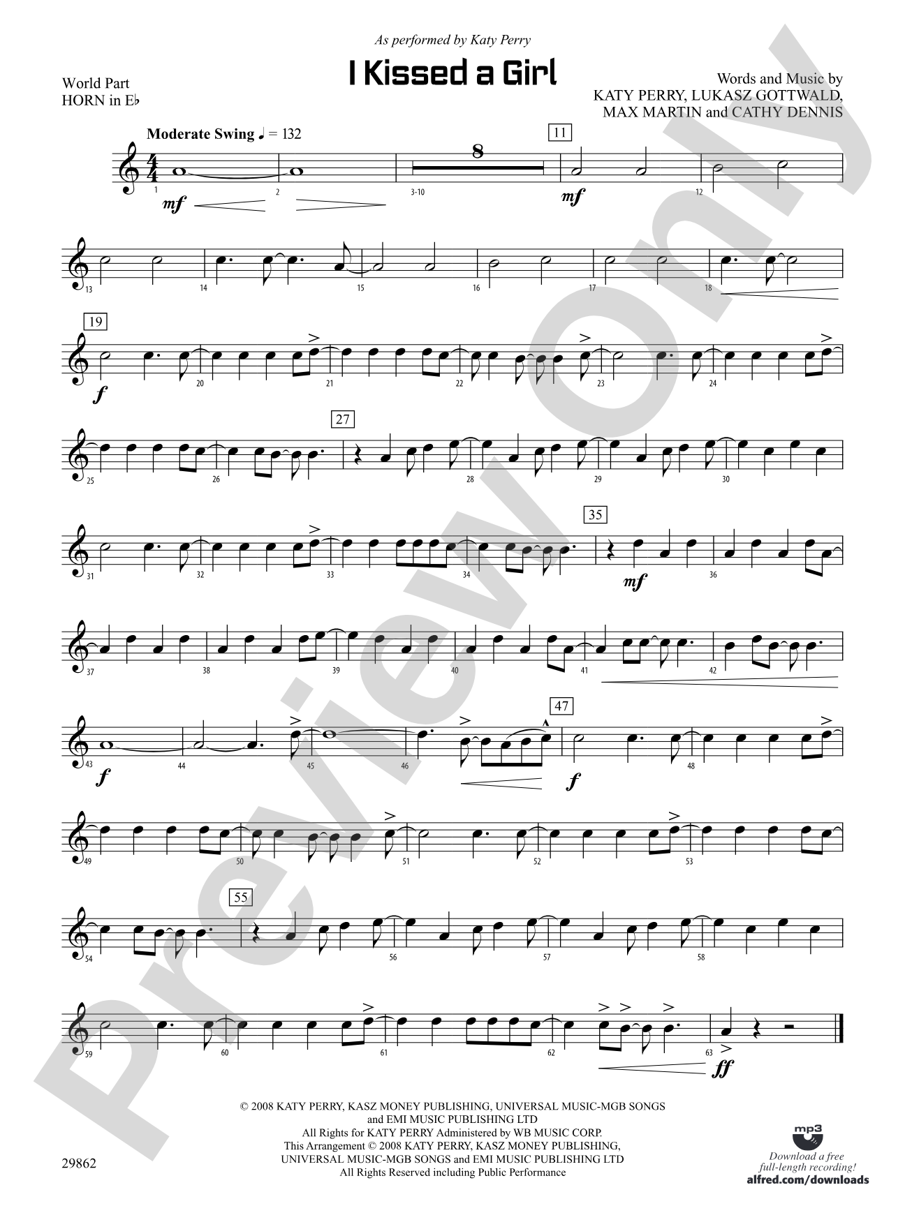 I Kissed a Girl: (wp) 1st Horn in E-flat