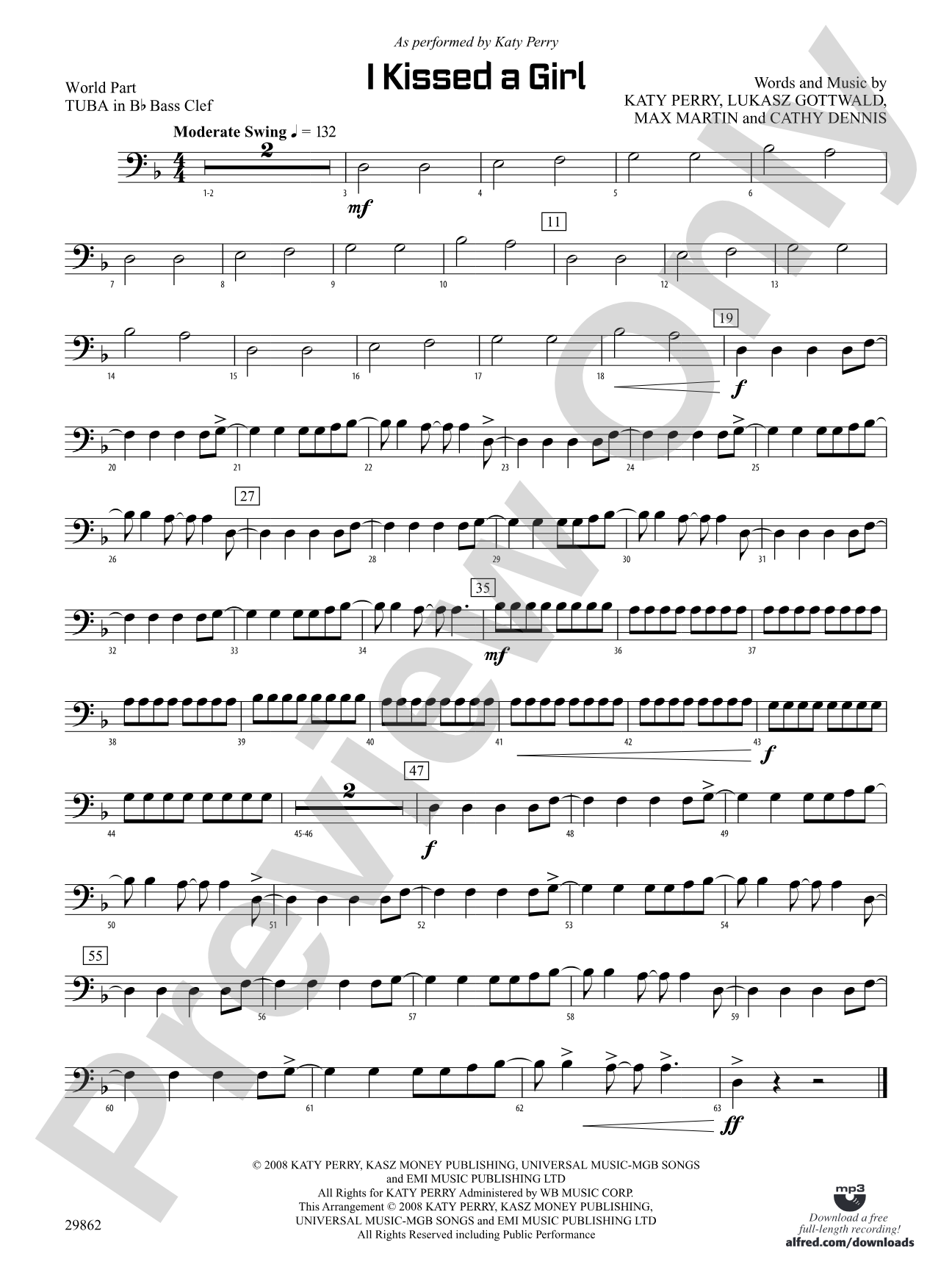 I Kissed a Girl: (wp) B-flat Tuba B.C.