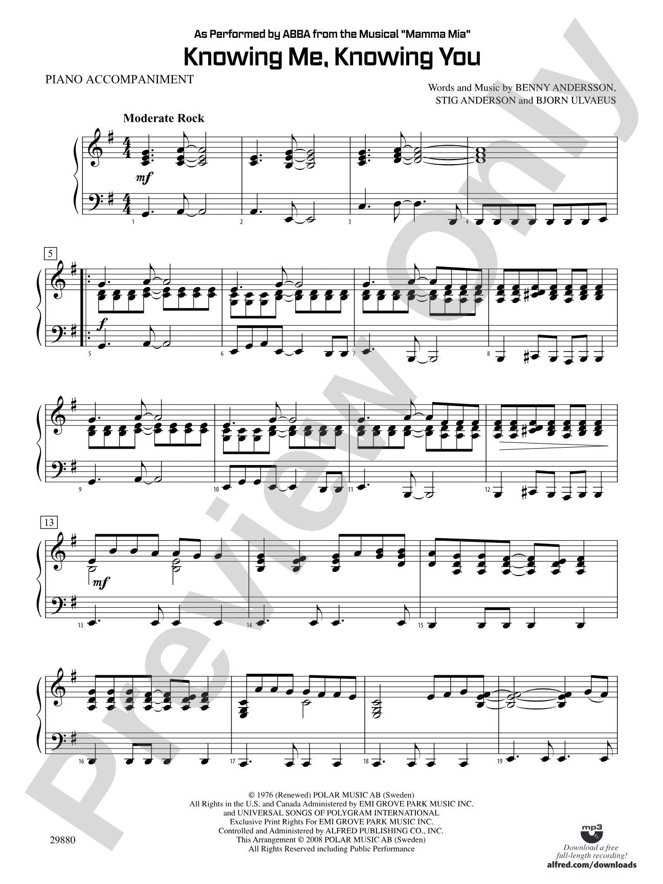 Knowing Me, Knowing You (As performed by ABBA from the musical Mamma Mia): Piano Accompaniment