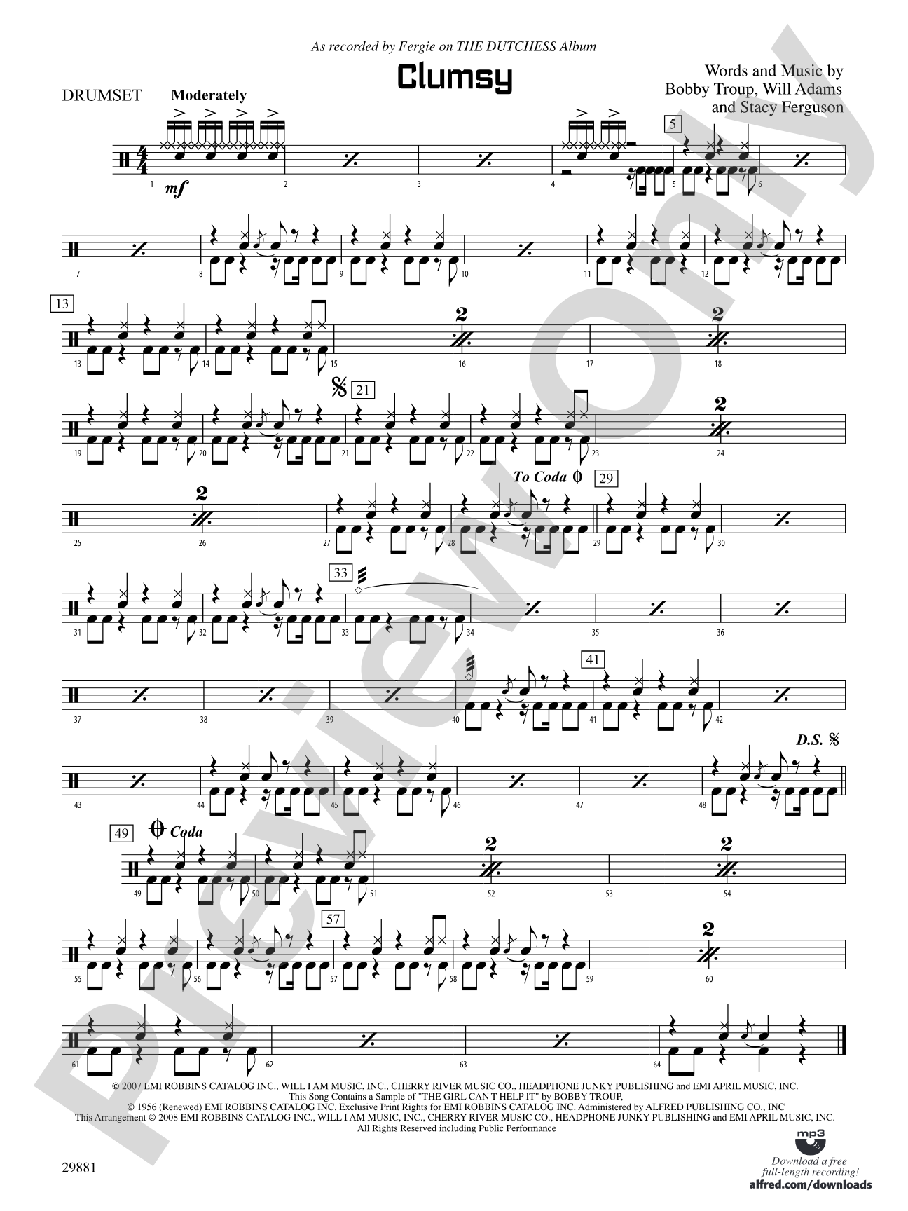 Clumsy (as recorded by Fergie on the album The Dutchess): Drums