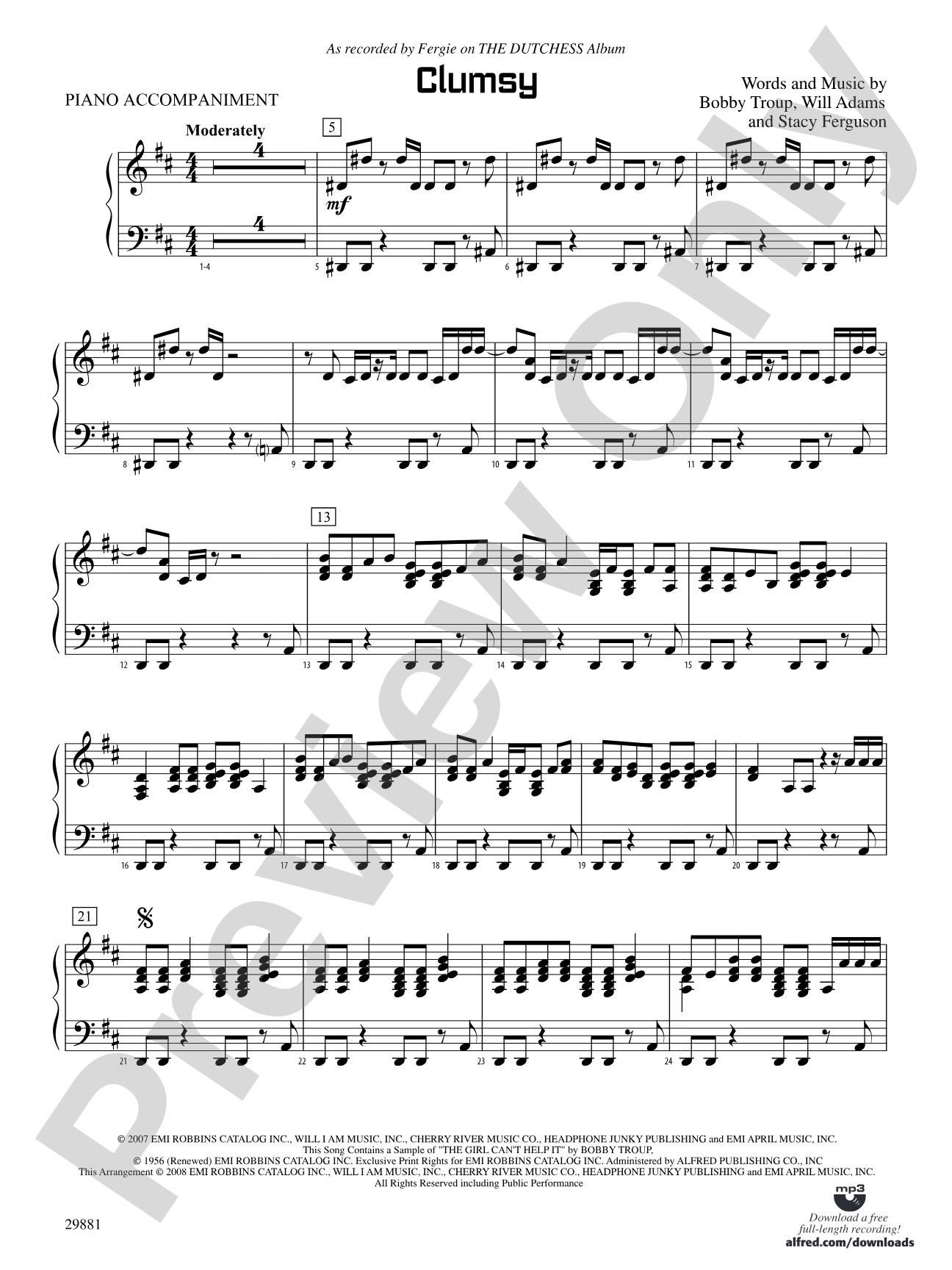 Clumsy (as recorded by Fergie on the album The Dutchess): Piano Accompaniment