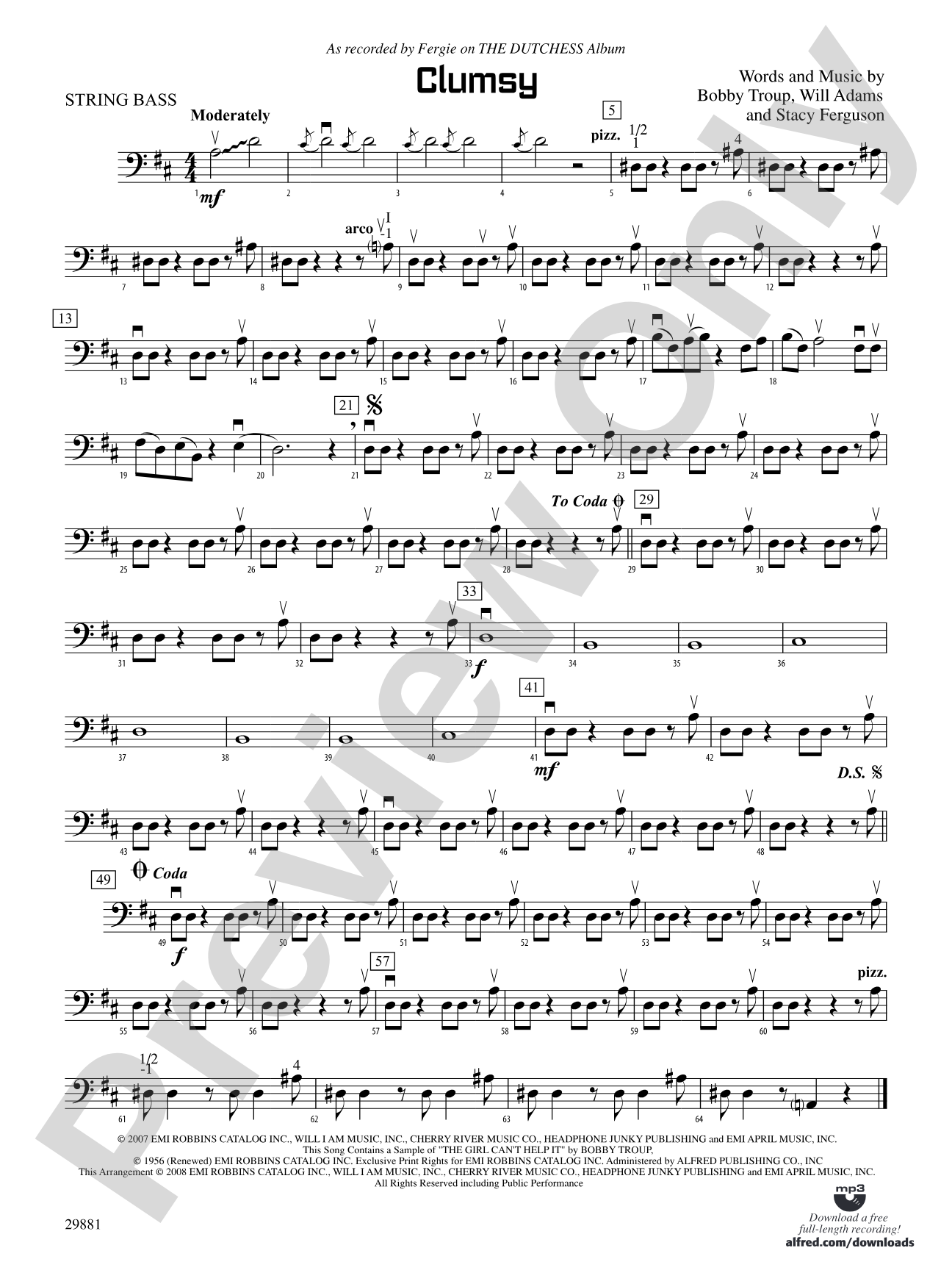 Clumsy (as recorded by Fergie on the album The Dutchess): String Bass