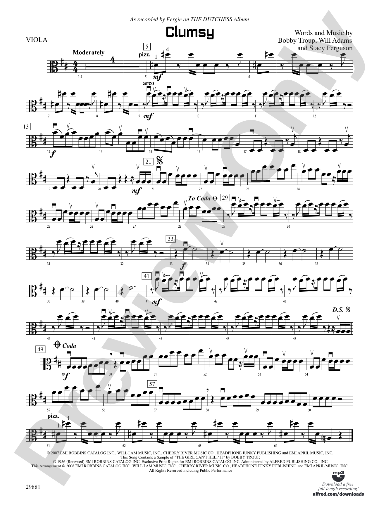 Clumsy (as recorded by Fergie on the album The Dutchess): Viola