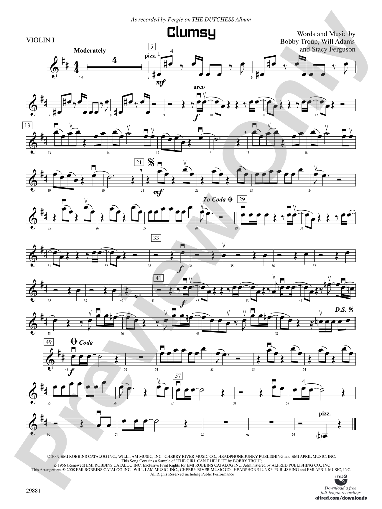 Clumsy (as recorded by Fergie on the album The Dutchess): 1st Violin