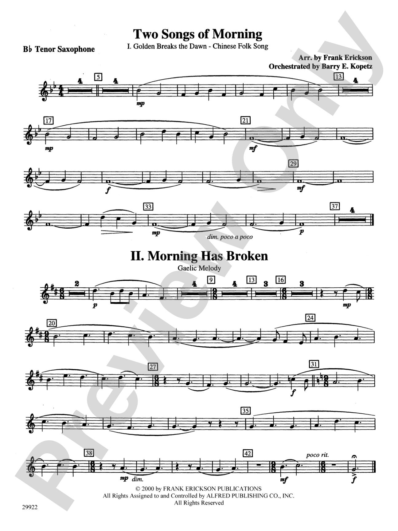 Two Songs of Morning: B-flat Tenor Saxophone