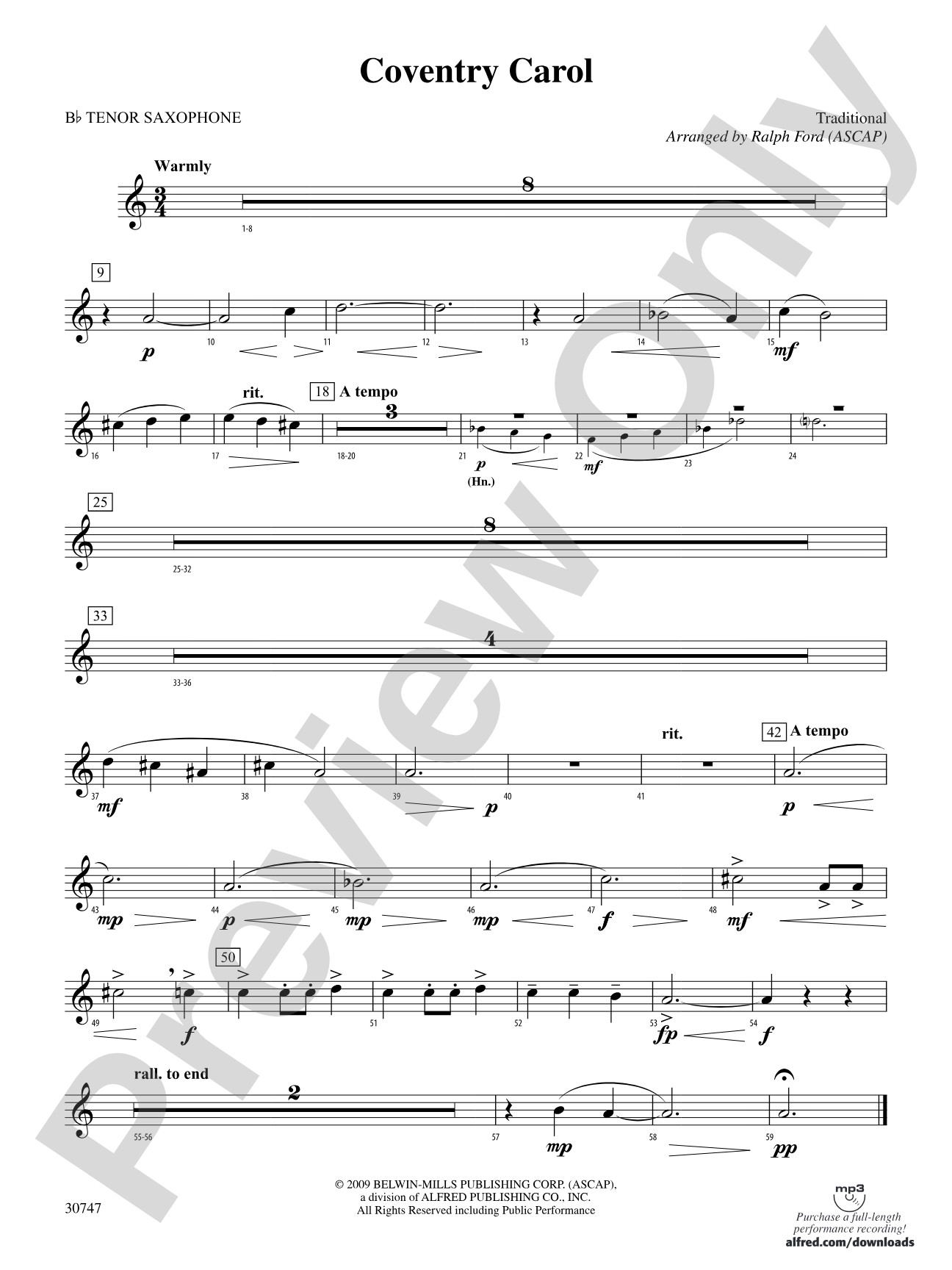 Coventry Carol: B-flat Tenor Saxophone
