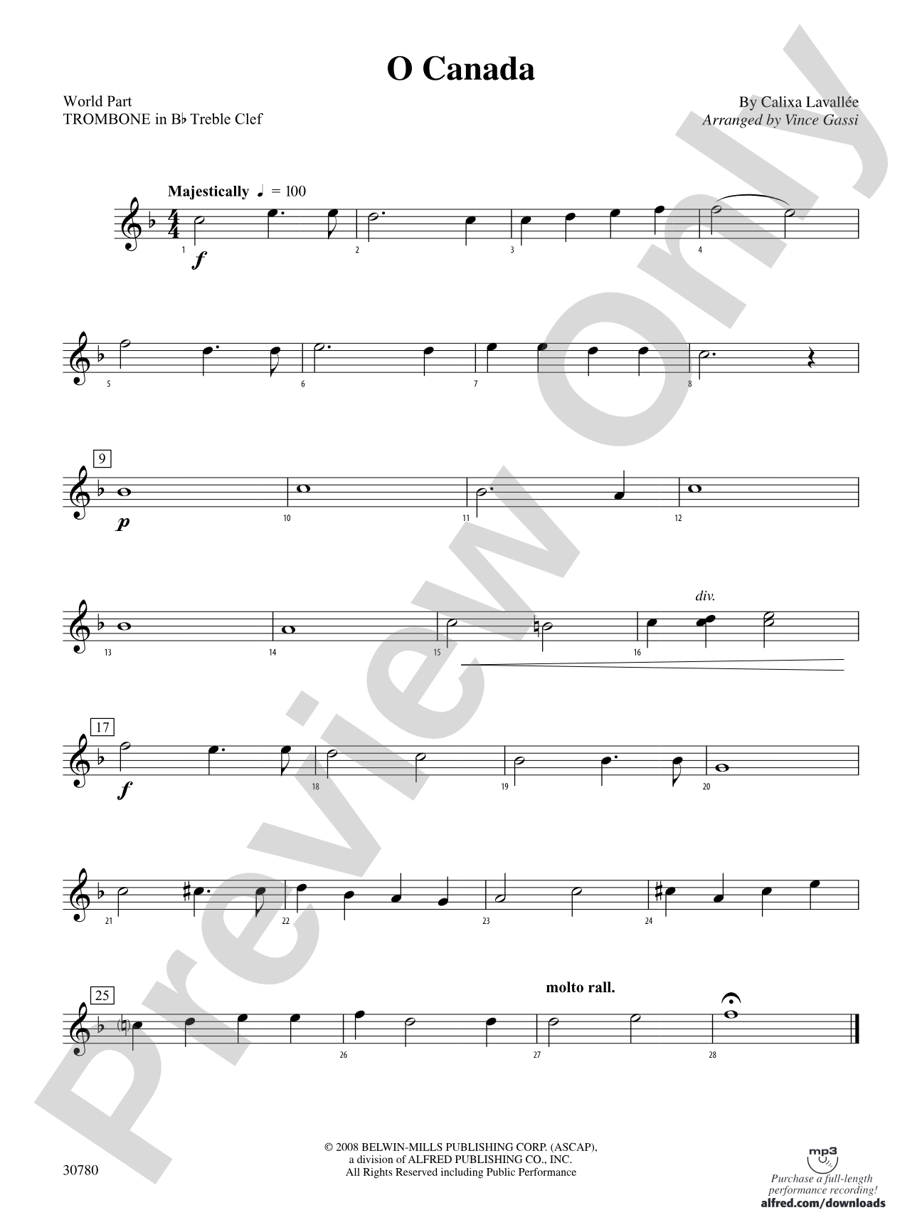 O Canada: (wp) 1st B-flat Trombone T.C.