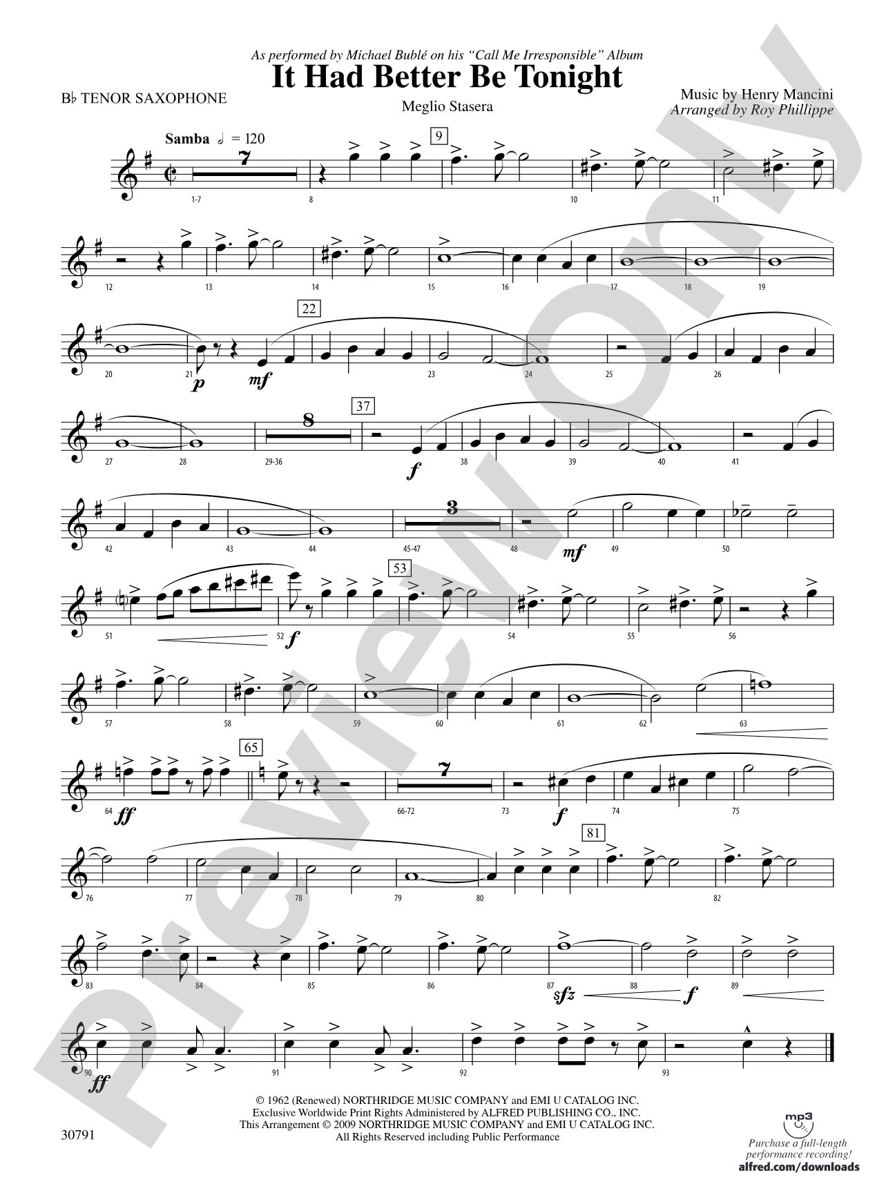 It Had Better Be Tonight (Meglio Stasera): B-flat Tenor Saxophone