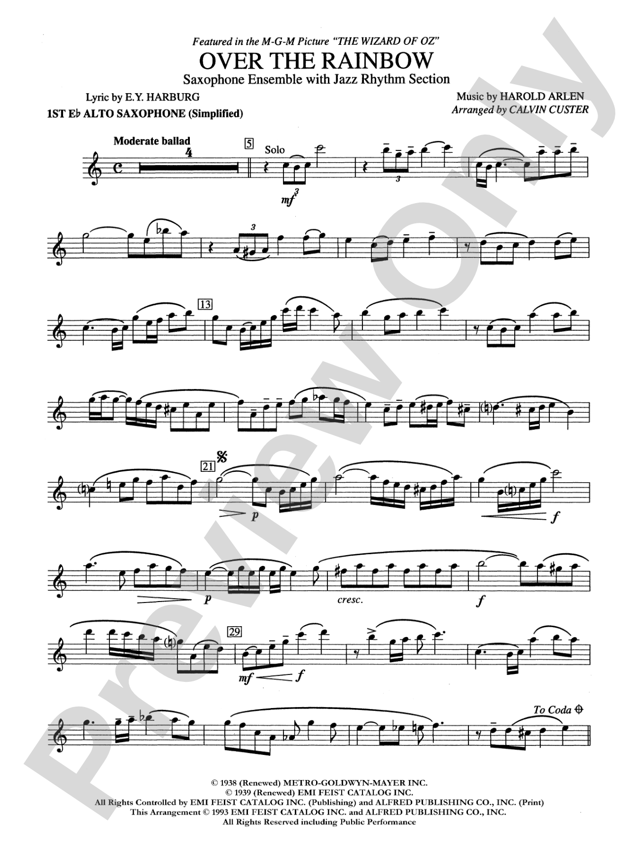 Over the Rainbow: 1st Alto Sax Simplified