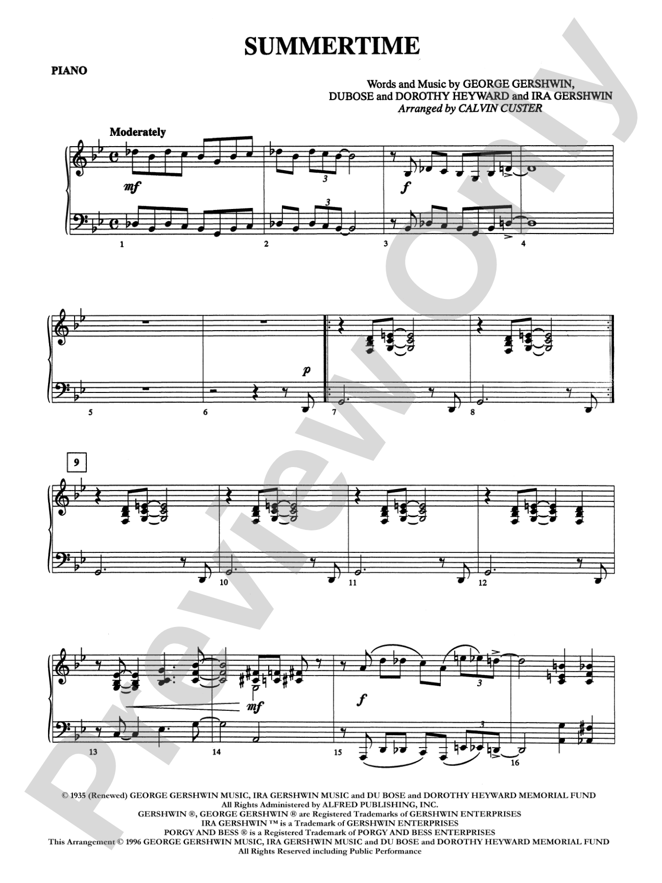 Summertime (from Porgy and Bess): Piano Accompaniment