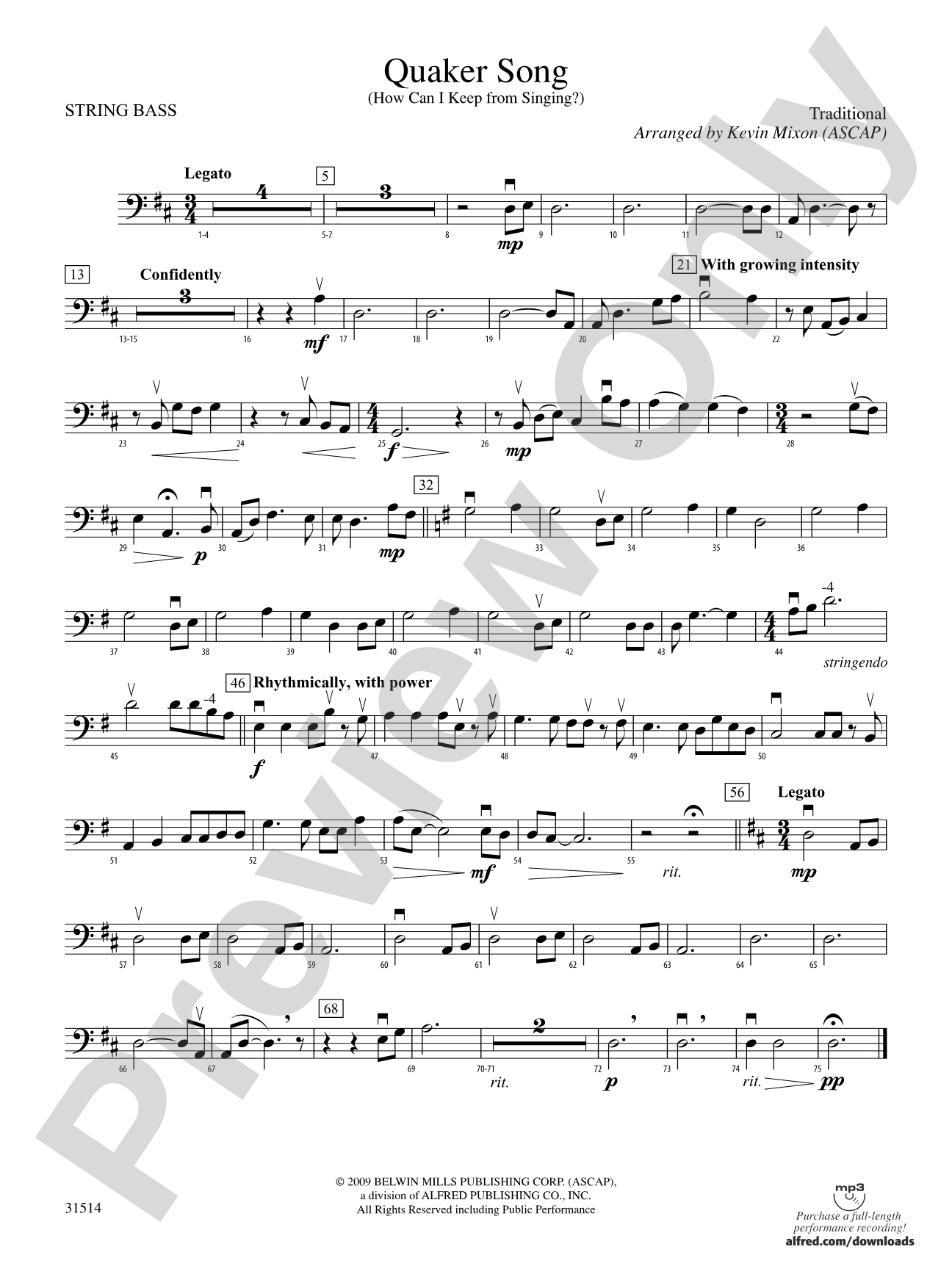 Quaker Song (How Can I Keep from Singing?): String Bass