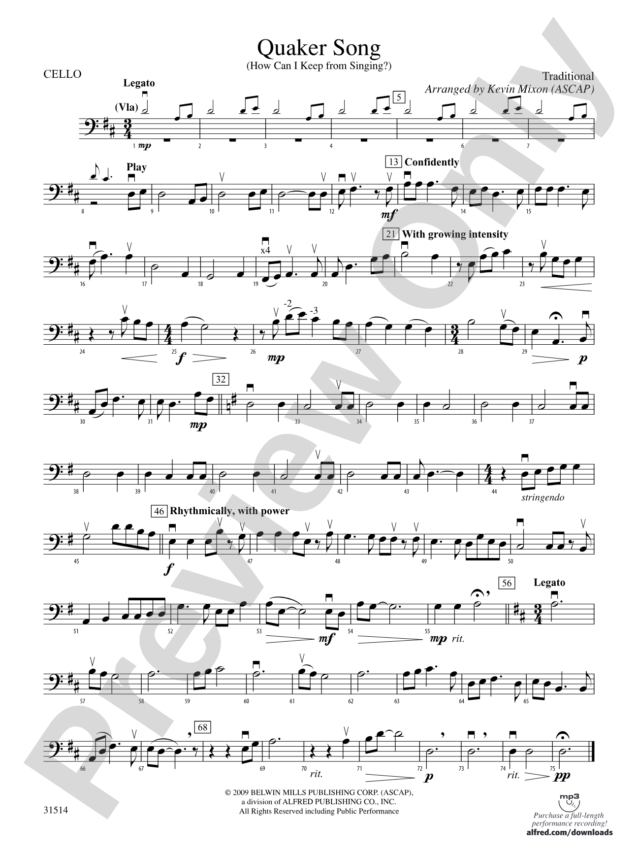 Quaker Song (How Can I Keep from Singing?): Cello