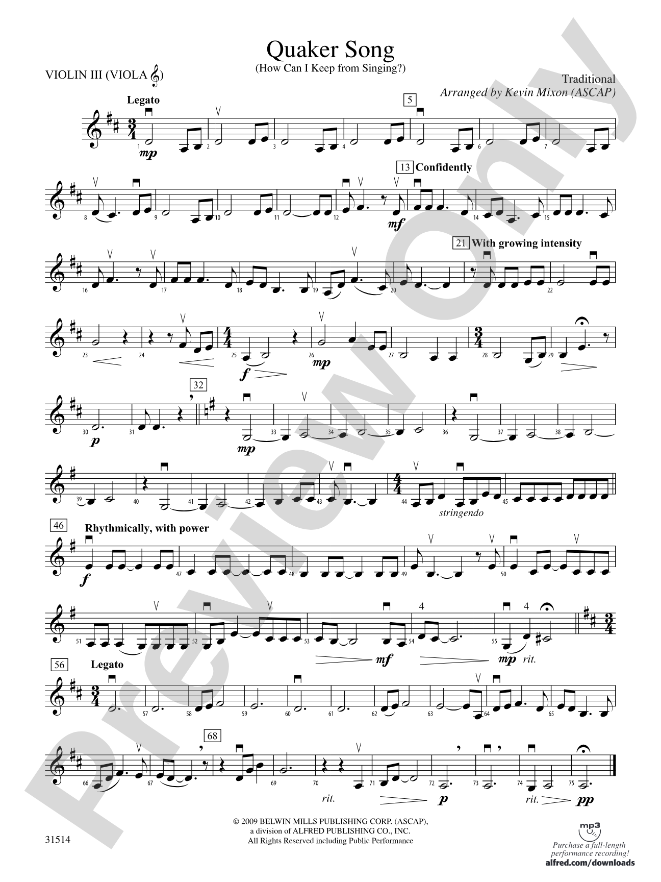 Quaker Song (How Can I Keep from Singing?): 3rd Violin (Viola [TC])