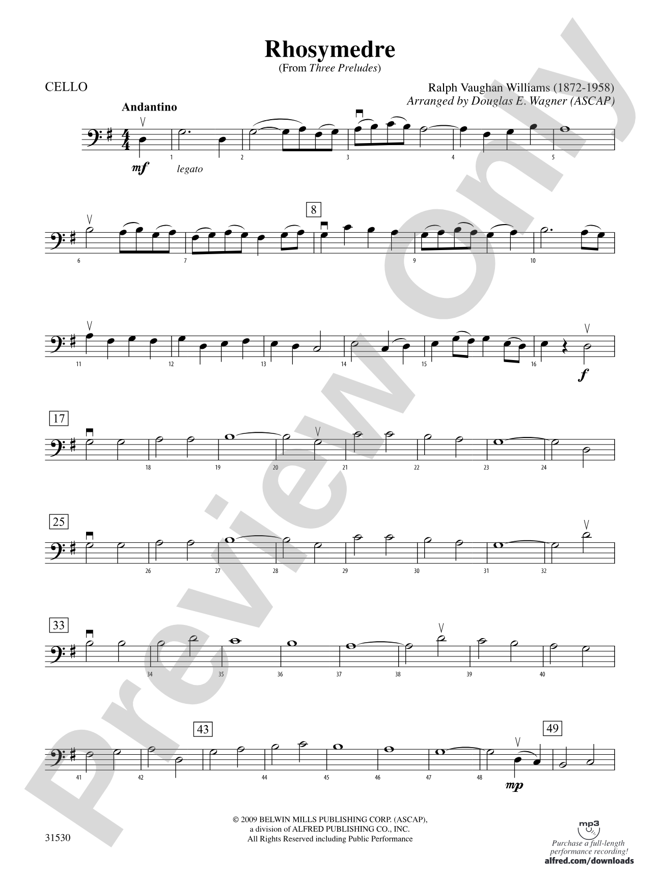 Rhosymedre (from Three Preludes): Cello