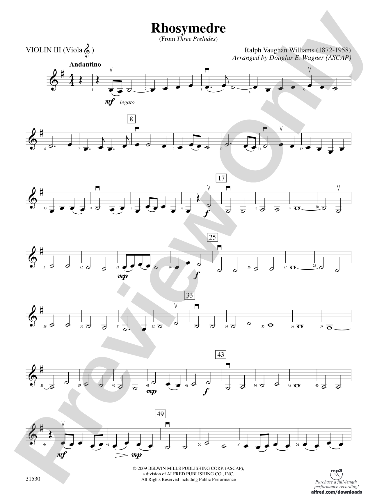 Rhosymedre (from Three Preludes): 3rd Violin (Viola [TC])
