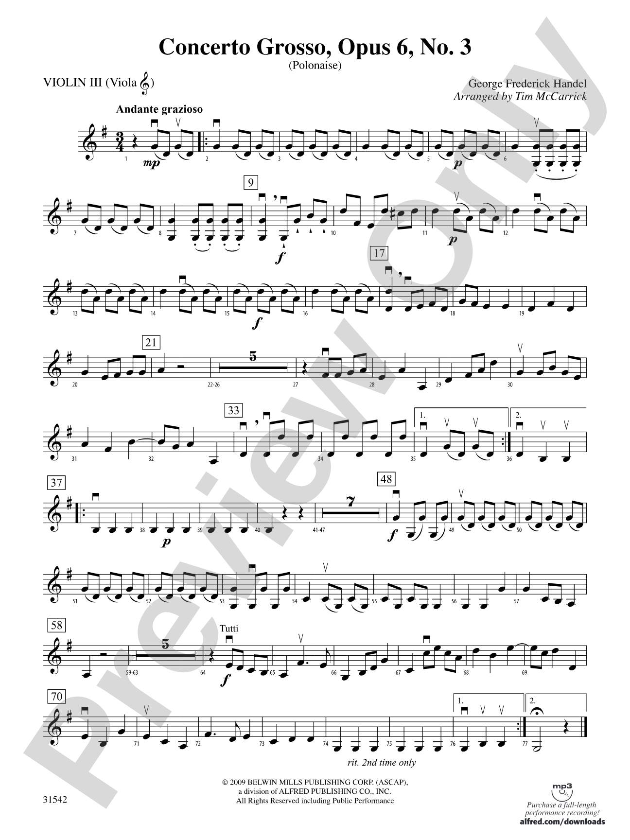 Concerto Grosso, Opus 6, No. 3 (Polonaise): 3rd Violin (Viola [TC])