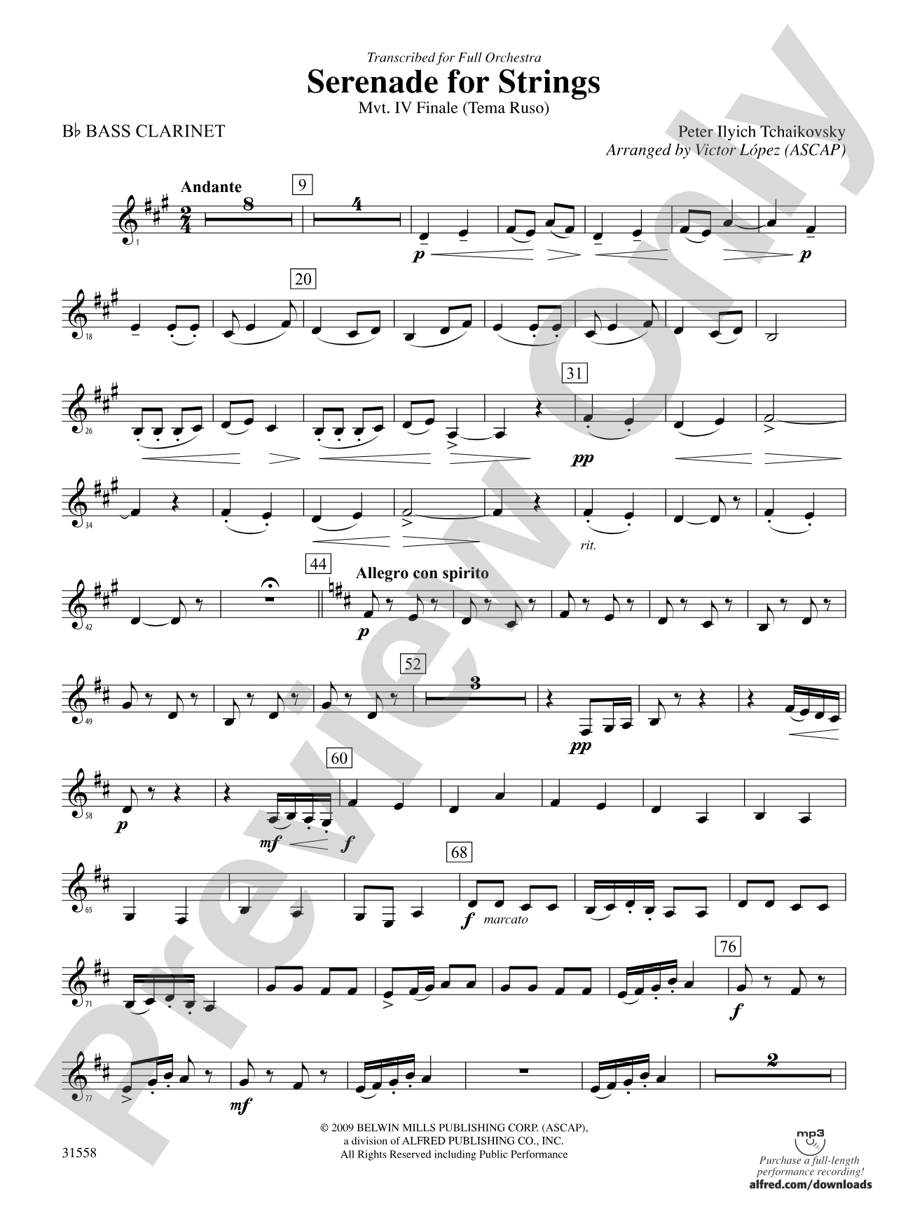 Serenade for Strings Mvt. IV Finale (Tema Ruso): B-flat Bass Clarinet