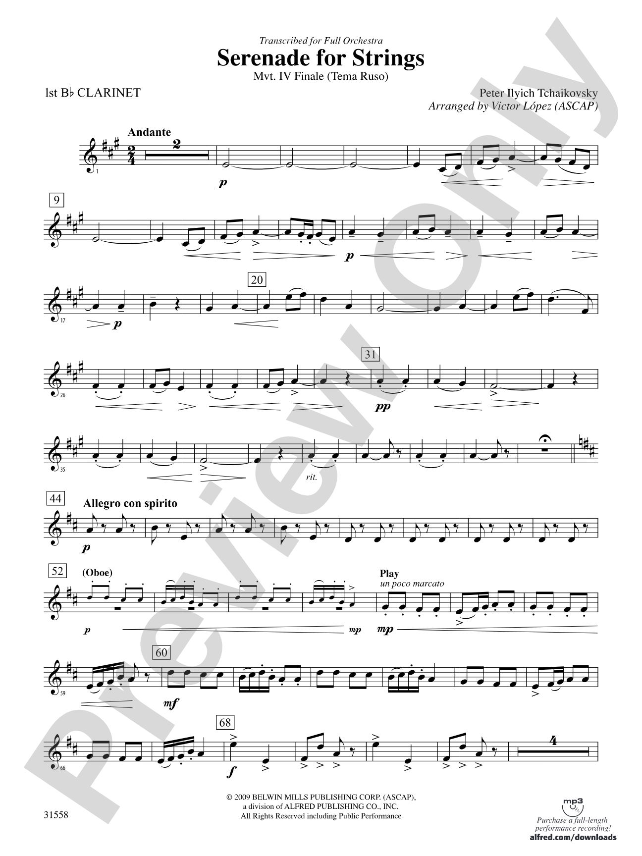 Serenade for Strings Mvt. IV Finale (Tema Ruso): 1st B-flat Clarinet