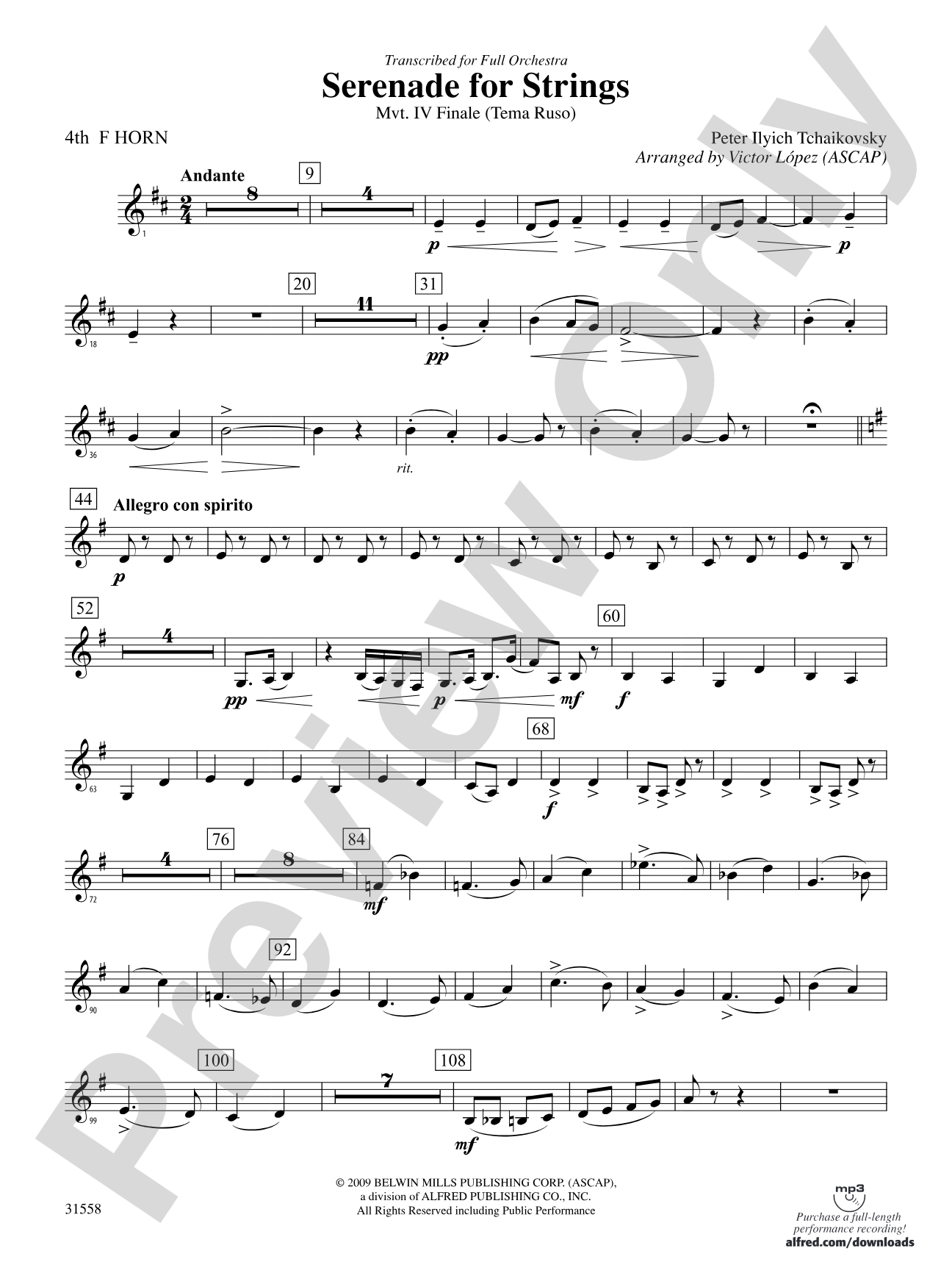 Serenade for Strings Mvt. IV Finale (Tema Ruso): 4th F Horn