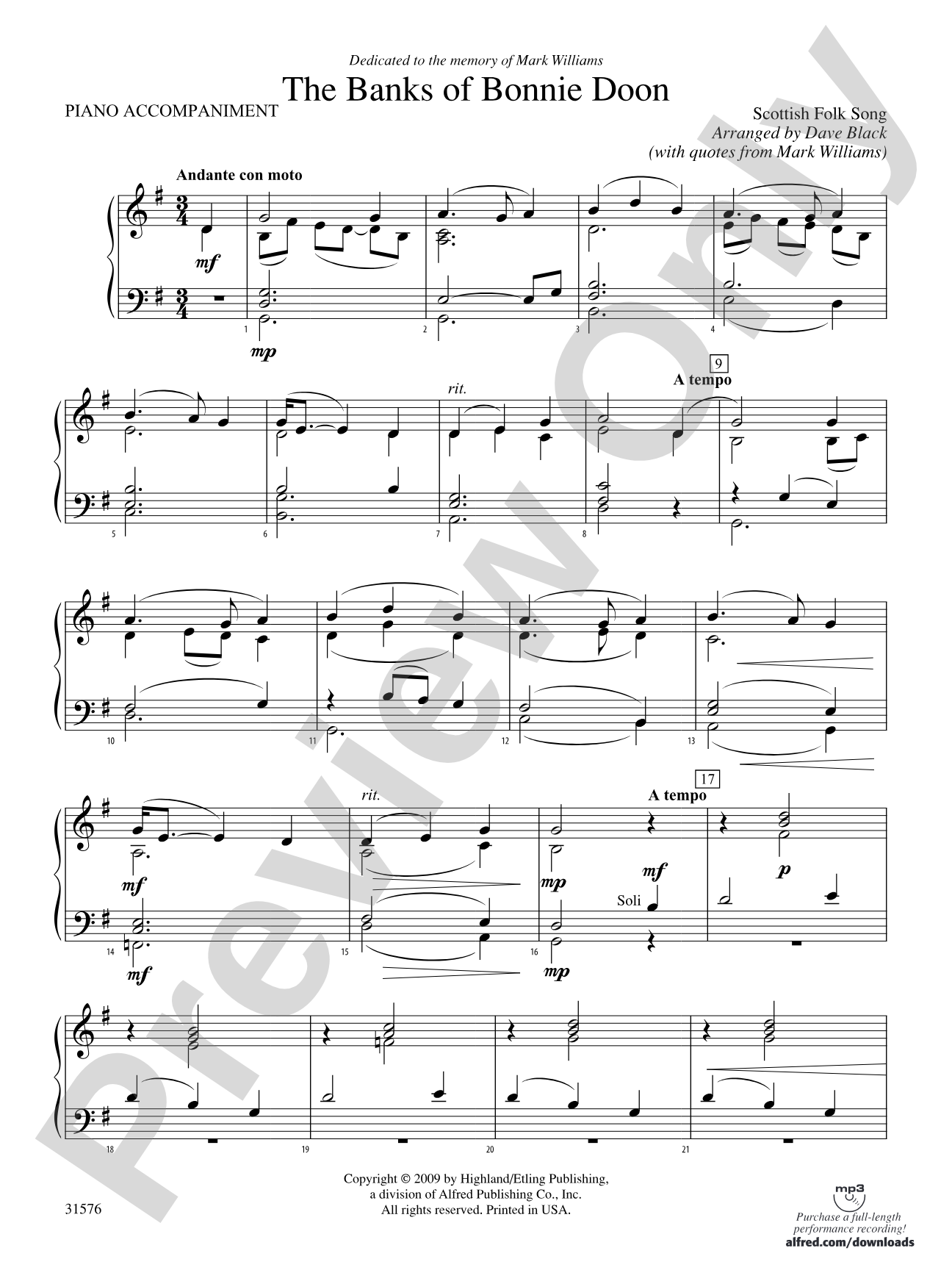 The Banks of Bonnie Doon: Piano Accompaniment