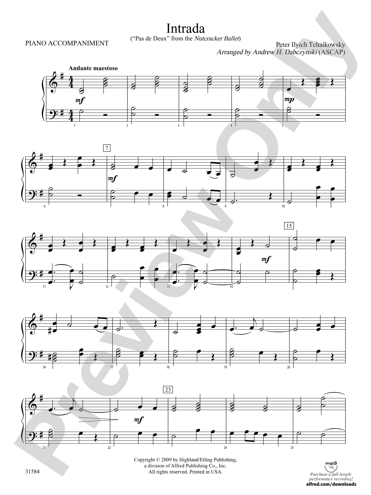 Intrada (Pas de Deux from the Nutcracker Ballet): Piano Accompaniment