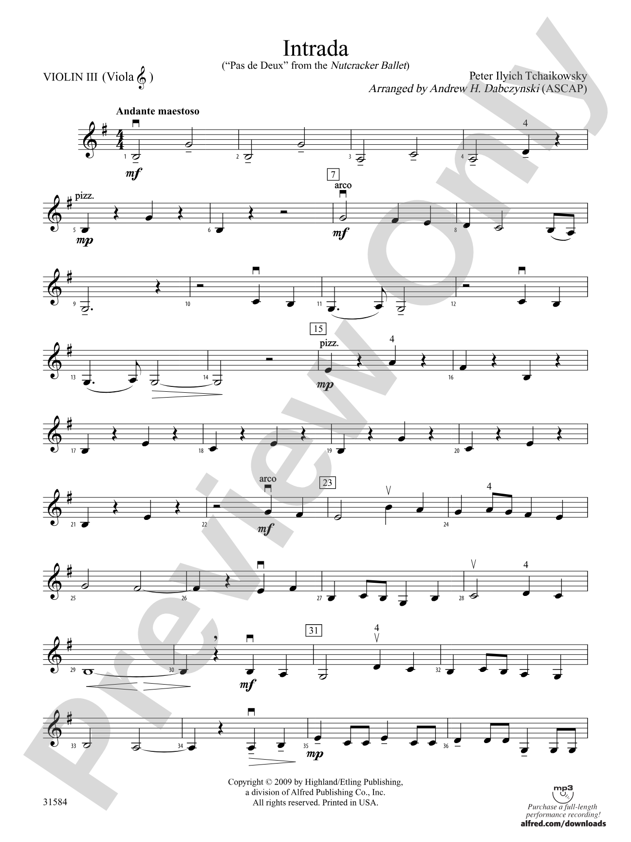Intrada (Pas de Deux from the Nutcracker Ballet): 3rd Violin (Viola [TC])