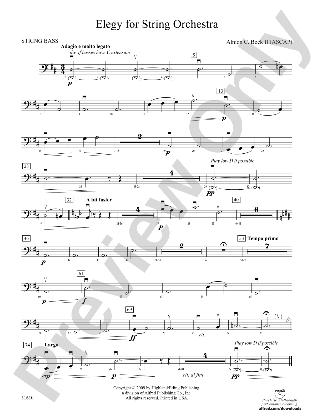 Elegy for String Orchestra: String Bass