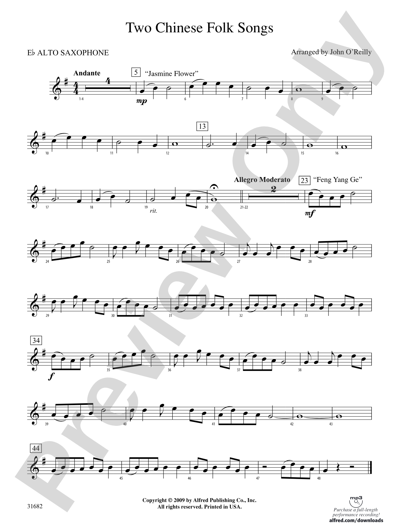 Two Chinese Folk Songs: E-flat Alto Saxophone