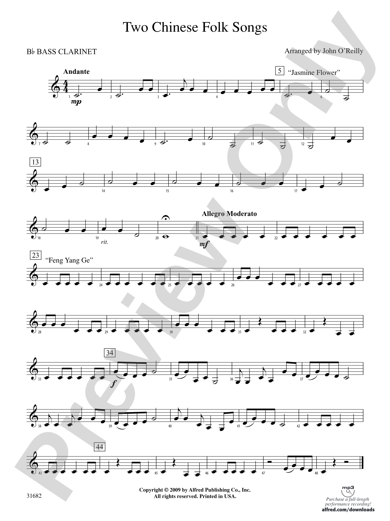 Two Chinese Folk Songs: B-flat Bass Clarinet